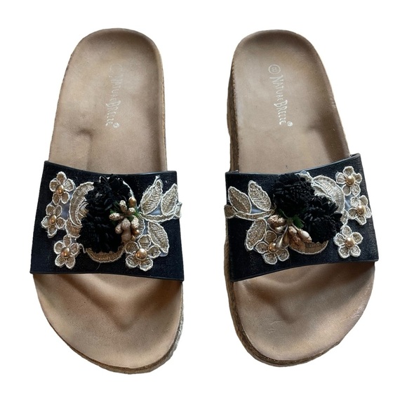 Nature Breeze Platform Slip On Slide Sandals Black Beige Floral Applique Size 8 - Picture 2 of 9
